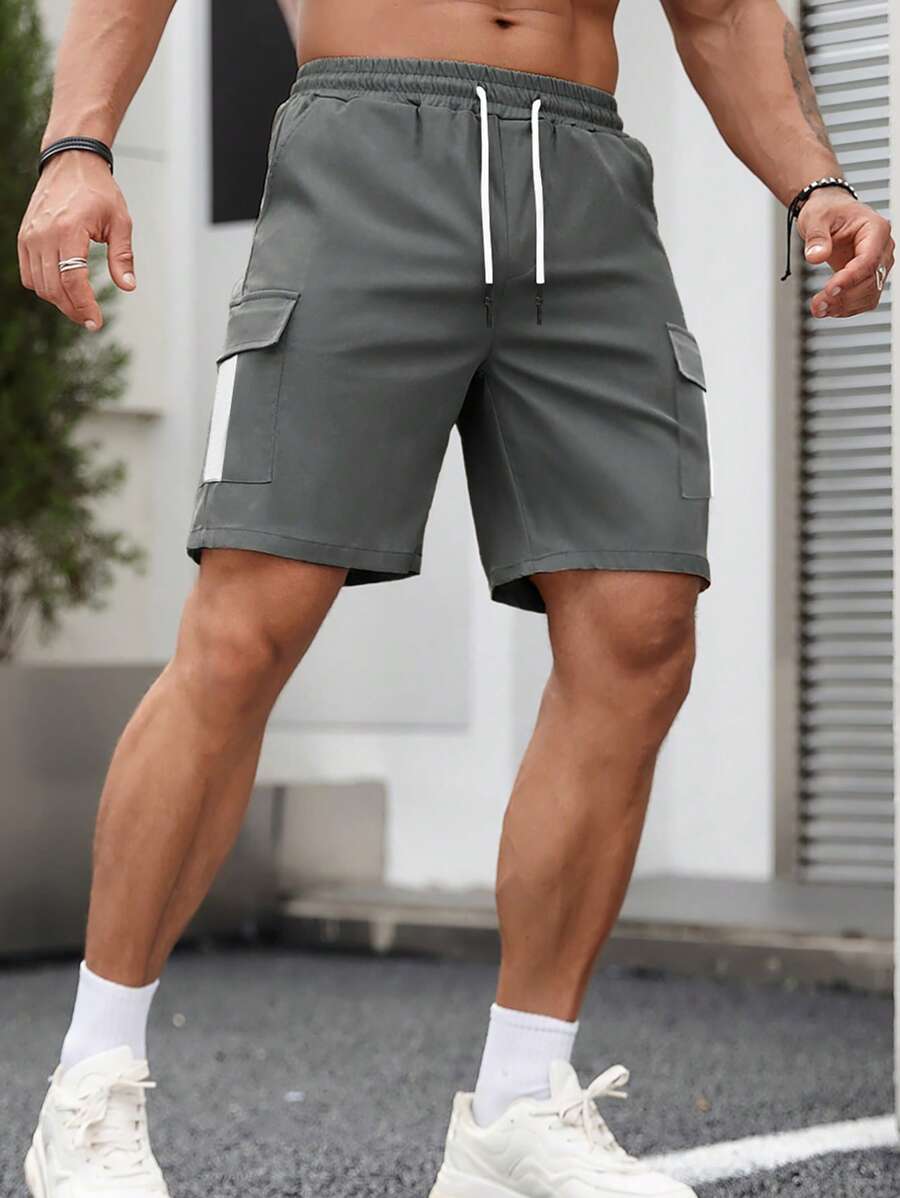 Nam Túi có nắp Eo dây rút Quần short - Xám - Xem 1