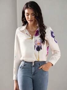 Aveloria Modichic Elegant White Floral Women Blouses,Spring And Summer Button Front Long Sleeve Shirt Collar Regular Fit,Office Professional Business Workwear Shirt - Multicolor - View 4
