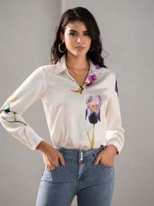 Aveloria Modichic Elegant White Floral Women Blouses,Spring And Summer Button Front Long Sleeve Shirt Collar Regular Fit,Office Professional Business Workwear Shirt - Multicolor - View 5