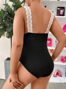 SHEIN Clasi Plus Contrast Lace Knot Front Cami Bodysuit - Black - View 2