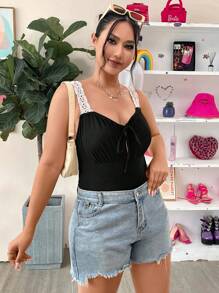SHEIN Clasi Plus Contrast Lace Knot Front Cami Bodysuit - Black - View 4