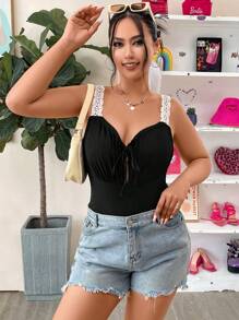 SHEIN Clasi Plus Contrast Lace Knot Front Cami Bodysuit - Black - View 8