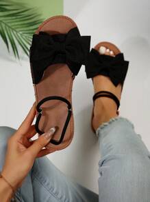 Women Anti-slip Bow Decor Multi-way Wear Flat Sandals, Fashion Summer Polyester Slingback Sandals - Black - View 2