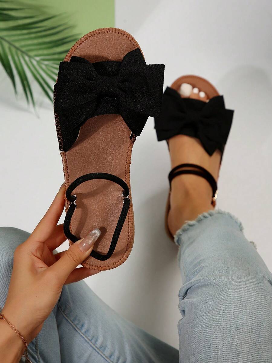 Women Anti-slip Bow Decor Multi-way Wear Flat Sandals, Fashion Summer Polyester Slingback Sandals