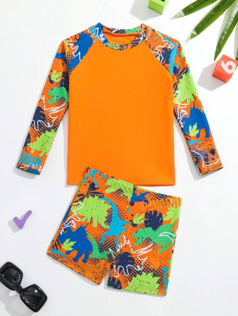 Young Boy Dinosaur Print Beach Swimsuit - Burnt Orange - View 1