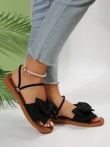 Women Anti-slip Bow Decor Multi-way Wear Flat Sandals, Fashion Summer Polyester Slingback Sandals - Black - View 3