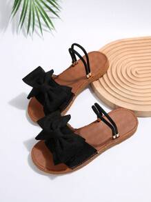 Women Anti-slip Bow Decor Multi-way Wear Flat Sandals, Fashion Summer Polyester Slingback Sandals - Black - View 5