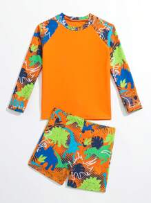 Young Boy Dinosaur Print Beach Swimsuit - Burnt Orange - View 5
