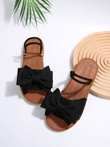Women Anti-slip Bow Decor Multi-way Wear Flat Sandals, Fashion Summer Polyester Slingback Sandals - Black - View 6