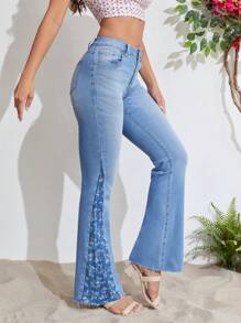 SHEIN Frenchy 印花牛仔喇叭褲 - 淺色水洗藍 - 查看 3