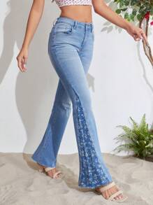 SHEIN Frenchy 印花牛仔喇叭褲 - 淺色水洗藍 - 查看 4