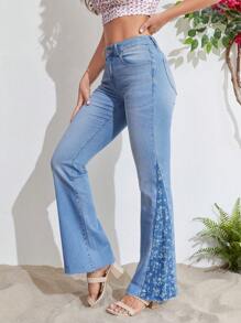 SHEIN Frenchy 印花牛仔喇叭褲 - 淺色水洗藍 - 查看 5