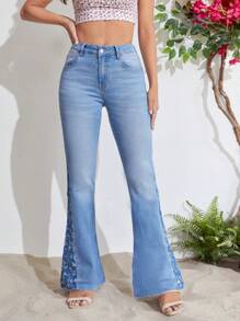 SHEIN Frenchy 印花牛仔喇叭褲 - 淺色水洗藍 - 查看 6