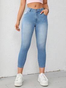 SHEIN LUNE In bướm Quần jean ôm - Rửa nhẹ - Xem 3