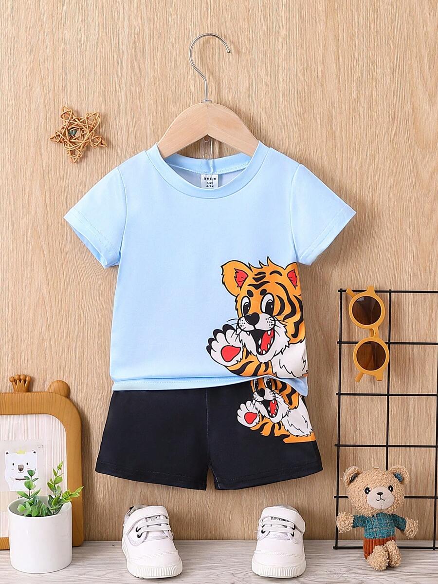 Baby Boy Summer Casual Cartoon Tiger Printed T-Shirt And Shorts Set - Multicolor - View 1