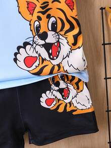 Baby Boy Summer Casual Cartoon Tiger Printed T-Shirt And Shorts Set - Multicolor - View 5