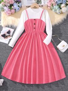 SHEIN 女大童小高領假兩件連衣裙 - 彩色 - 查看 1