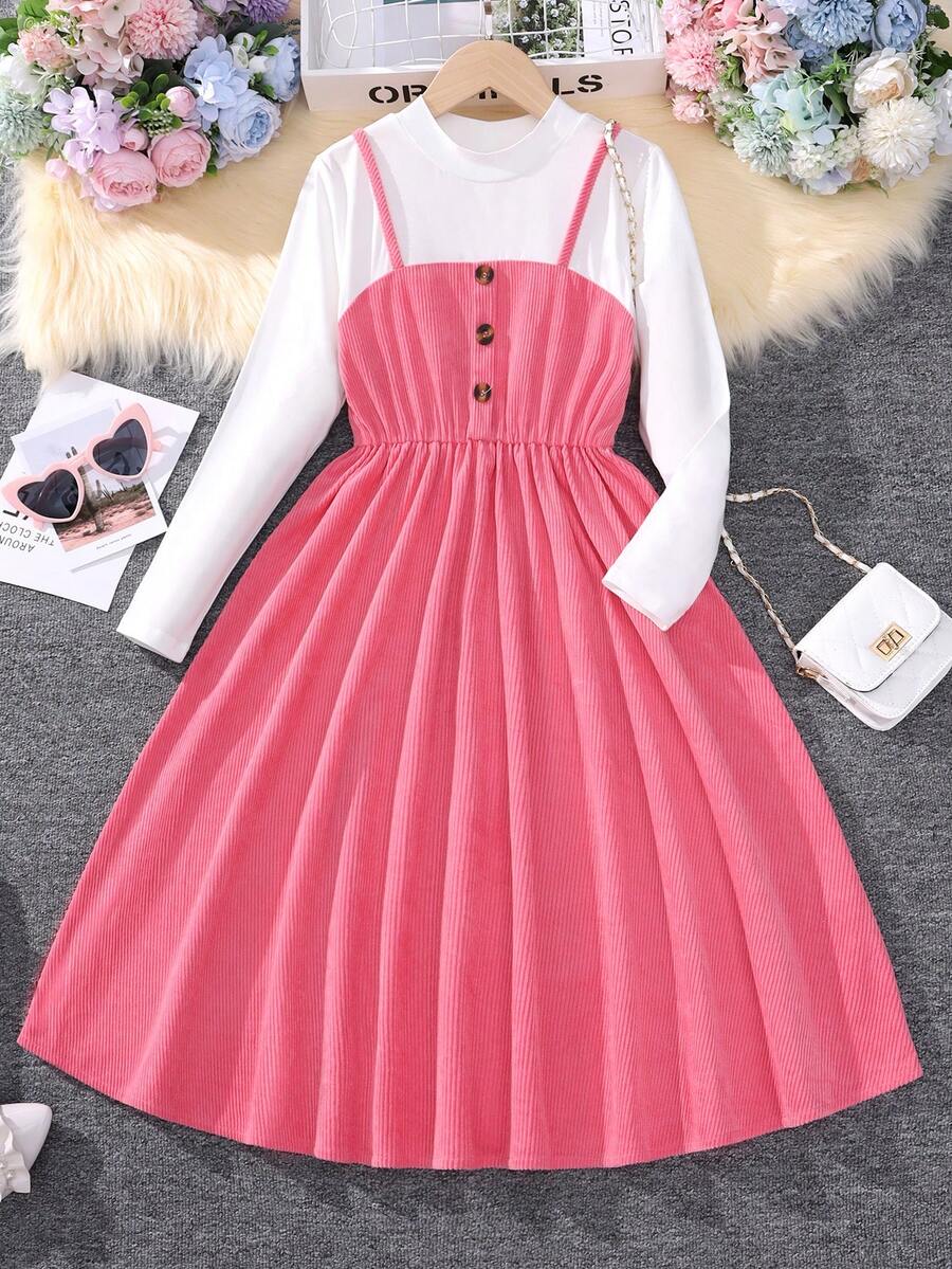 SHEIN 女大童小高領假兩件連衣裙 - 彩色 - 查看 1