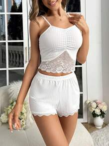 SHEIN 蕾絲拼接胸部褶皺吊帶背心和短褲睡衣套裝 - 米色 - 查看 5