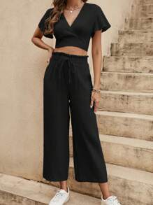 SHEIN VCAY áo tay bướm Top Cây trồng & Nếp gấp cao eo Quần ống rộng - màu đen - Xem 1