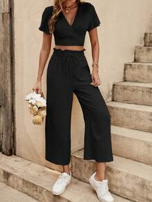 SHEIN VCAY áo tay bướm Top Cây trồng & Nếp gấp cao eo Quần ống rộng - màu đen - Xem 2