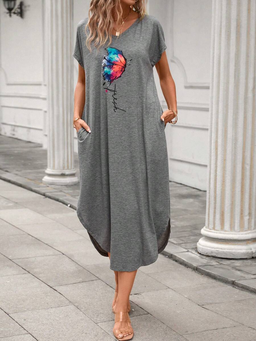 SHEIN LUNE Vestido estilo camiseta con estampado de mariposa y letra con bolsillo oculto bajo curvo - Gris - Ver 1
