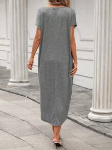 SHEIN LUNE Vestido estilo camiseta con estampado de mariposa y letra con bolsillo oculto bajo curvo - Gris - Ver 2