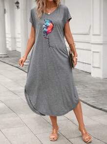 SHEIN LUNE Vestido estilo camiseta con estampado de mariposa y letra con bolsillo oculto bajo curvo - Gris - Ver 3