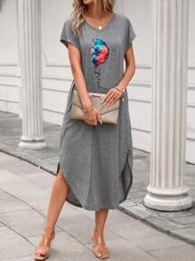 SHEIN LUNE Vestido estilo camiseta con estampado de mariposa y letra con bolsillo oculto bajo curvo - Gris - Ver 4