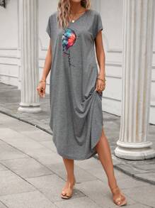 SHEIN LUNE Vestido estilo camiseta con estampado de mariposa y letra con bolsillo oculto bajo curvo - Gris - Ver 5
