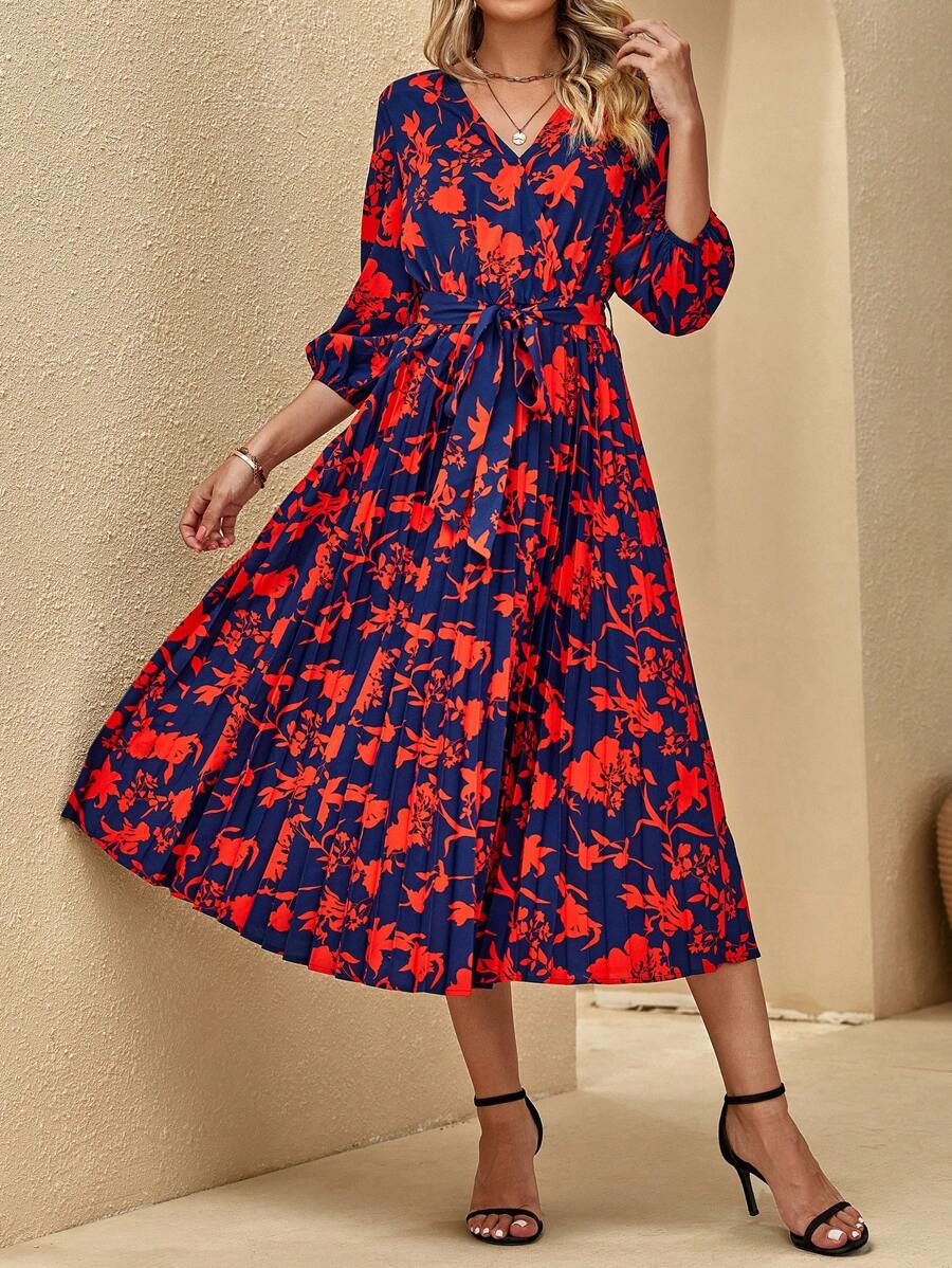 SHEIN Clasi In hoa Tay áo lồng đèn Váy có thắt lưng - Nhiều màu - Xem 1