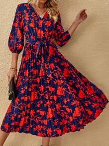 SHEIN Clasi In hoa Tay áo lồng đèn Váy có thắt lưng - Nhiều màu - Xem 3