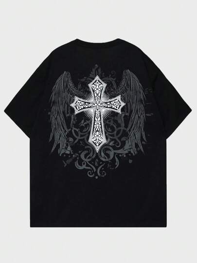 Goth Men Cross & Wings Print Tee For Halloween, School, 2000s Style