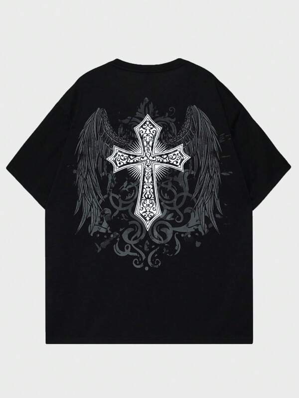 ROMWE MEN Goth Camiseta con estampado de cruz y alas para hombres, para Halloween, escuela, estilo de los 2000