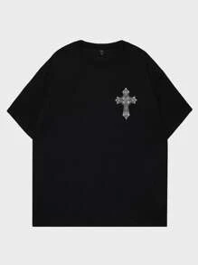 ROMWE MEN Goth Men Cross & Wings Print Tee For Halloween, School, 2000s Style - Black - View 2
