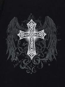 ROMWE MEN Goth Men Cross & Wings Print Tee For Halloween, School, 2000s Style - Black - View 3