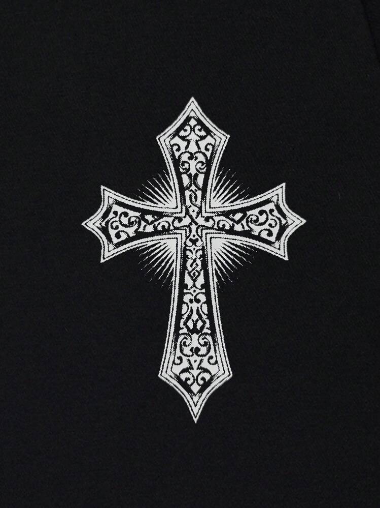 ROMWE MEN Goth 男士十字架和翅膀印花T恤，适合万圣节、学校和2000年代风格 - 黑色 - 查看 4