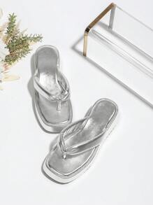 Women's Metallic Platform Wedge Thong Sandals, Simple Silver PU Beach Slide Sandals, Silver Thick-Soled Sandals, Silver Shoes For Summer Outdoor Wear, Square Toe Thick Increase Height Vacation Shoes, Silver Slip-On Sandals,Flip Flops - Silver - View 2