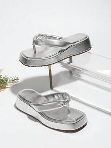 Women's Metallic Platform Wedge Thong Sandals, Simple Silver PU Beach Slide Sandals, Silver Thick-Soled Sandals, Silver Shoes For Summer Outdoor Wear, Square Toe Thick Increase Height Vacation Shoes, Silver Slip-On Sandals,Flip Flops - Silver - View 4
