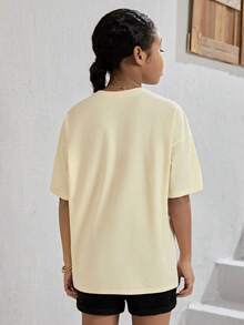 SHEIN 女孩山和字母圖案T恤 - 杏色 - 查看 2