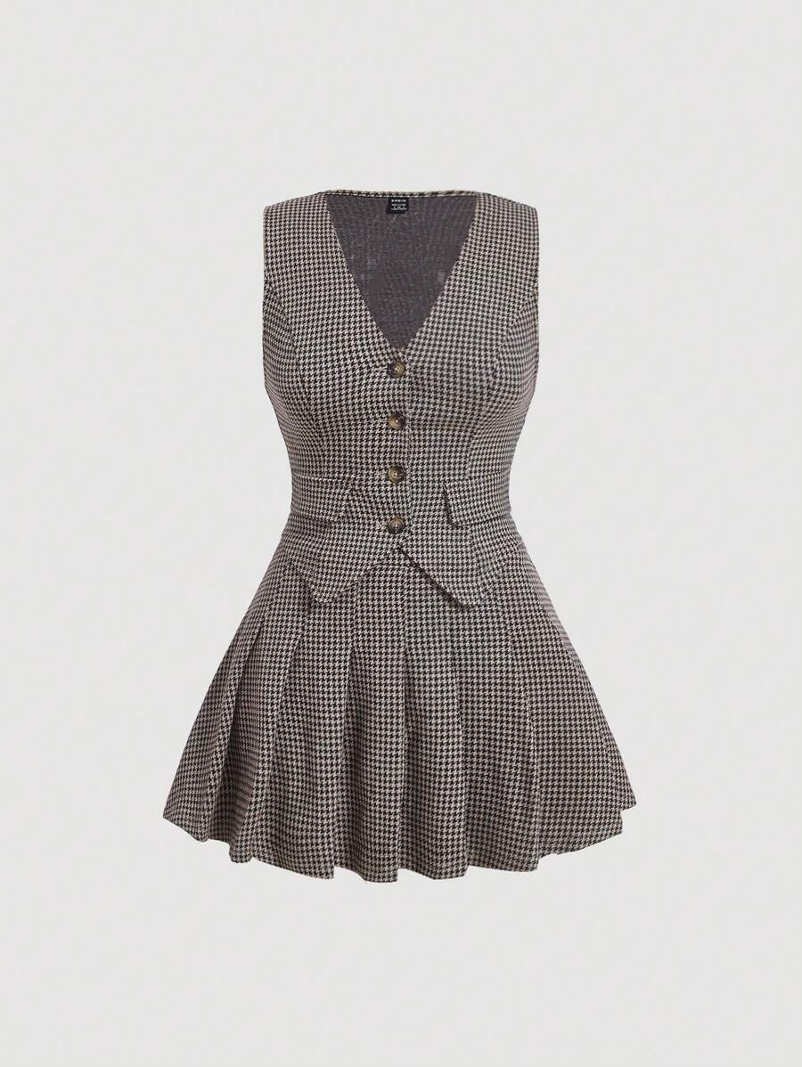 SHEIN MOD Houndstooth Print Button Front Vest Blazer & Pleated Skirt - Multicolor - View 1