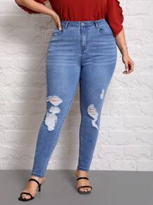 SHEIN LUNE Hơn Cao eo Quần jean rách - Rửa trung bình - Xem 1