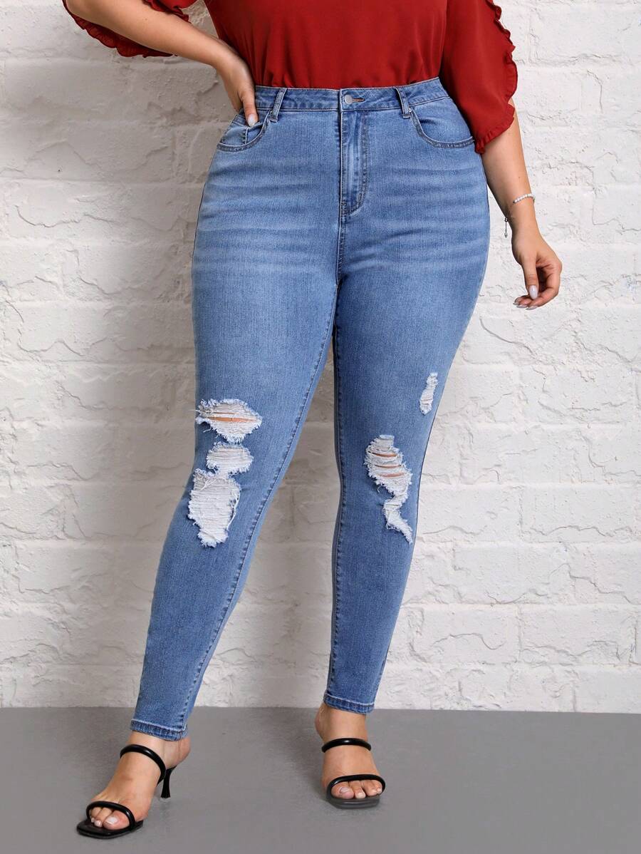 SHEIN LUNE Hơn Cao eo Quần jean rách - Rửa trung bình - Xem 1