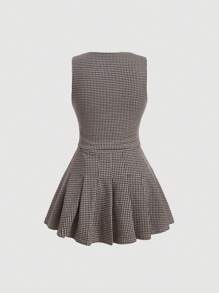 SHEIN MOD Houndstooth Print Button Front Vest Blazer & Pleated Skirt - Multicolor - View 2