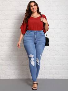 SHEIN LUNE Hơn Cao eo Quần jean rách - Rửa trung bình - Xem 4