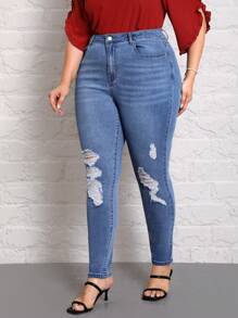 SHEIN LUNE Hơn Cao eo Quần jean rách - Rửa trung bình - Xem 5