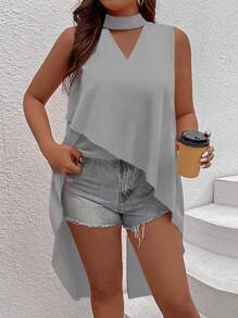 SHEIN LUNE Plus Keyhole Neckline High Low Hem Sleeveless Blouse - Grey - View 1