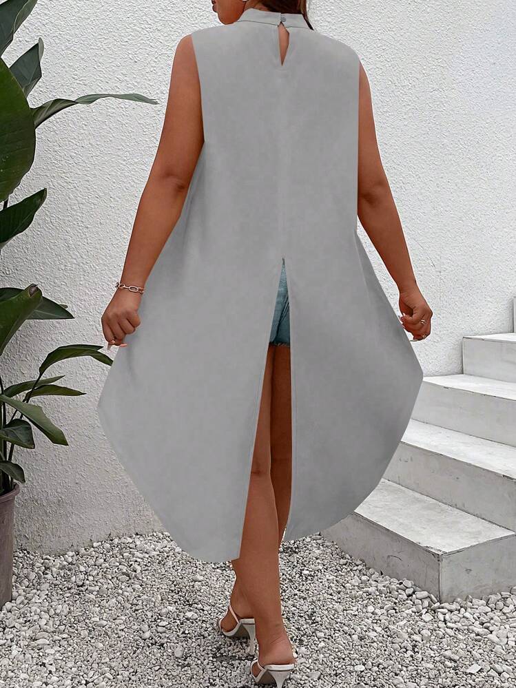 SHEIN LUNE Hơn Đường viền lỗ khóa Hem cao thấp Áo không tay - Xám - Xem 2