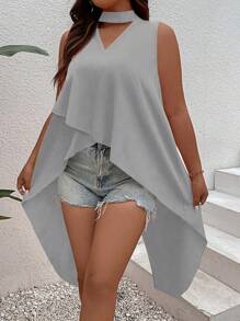 SHEIN LUNE Plus Keyhole Neckline High Low Hem Sleeveless Blouse - Grey - View 3