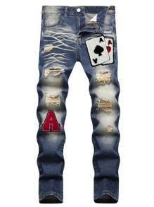 Men Playing Card Patched Ripped FrayedJeans - Dark Wash - View 1